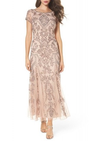 PISARRO NIGHTS Embellished Mesh Gown | blush sequin party dresses - flipped