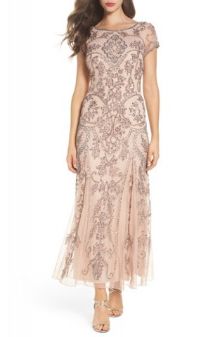 PISARRO NIGHTS Embellished Mesh Gown | blush sequin party dresses