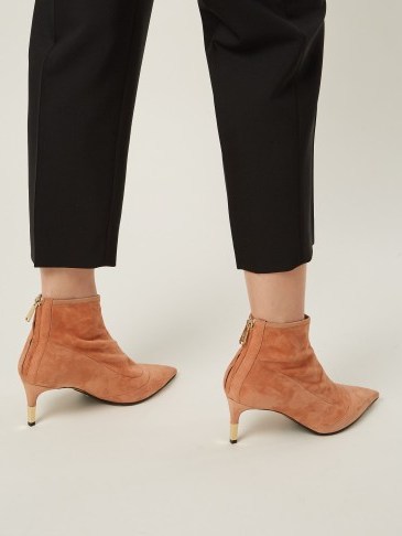 BALMAIN Point-toe nude suede ankle boots ~ gold-tone metal tip heels - flipped