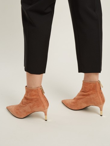 BALMAIN Point-toe nude suede ankle boots ~ gold-tone metal tip heels