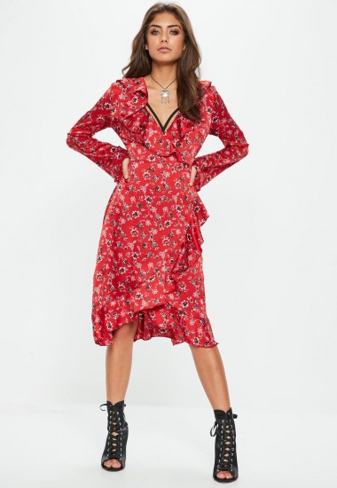 MISSGUIDED red floral long sleeve wrap midi tea dress / ruffled flower print dresses