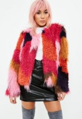 Missguided red patchwork faux fur coat – shaggy collarless jackets – multi-coloured vintage style coats