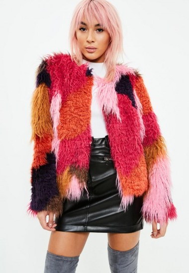 Missguided red patchwork faux fur coat – shaggy collarless jackets – multi-coloured vintage style coats - flipped