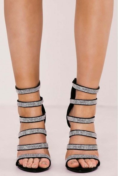 IN THE STYLE REECE BLACK FAUX SUEDE DIAMANTE MULTISTRAP HEELS / strappy embellished going out shoes - flipped