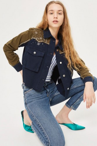 TOPSHOP Rhinestone Cropped Shacket – embellished navy & khaki shackets/jackets/shirts