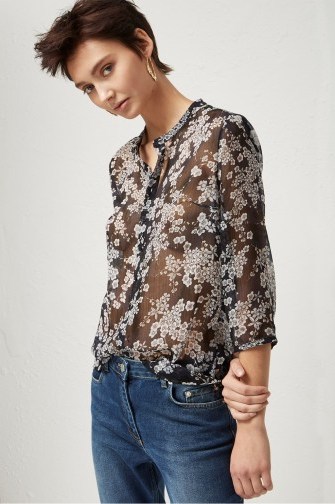 FRENCH CONNECTION RISHIRI CRINKLE COLLARLESS SHIRT | sheer floral shirts - flipped