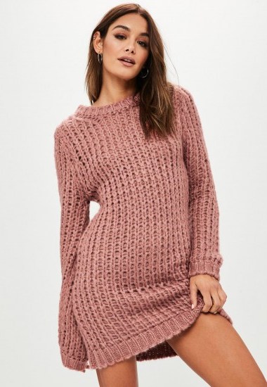 Missguided rose chunky knit oversized jumper dress – pink sweater dresses - flipped