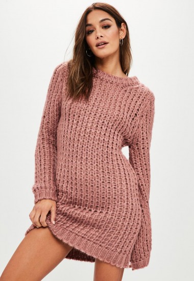 Missguided rose chunky knit oversized jumper dress – pink sweater dresses