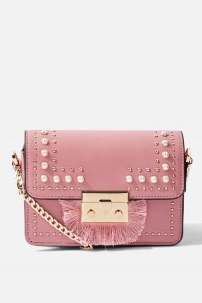 Topshop Rosie Pearl Fringe Cross Body Bag | small pink crossbody bags - flipped