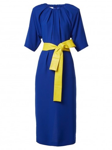 MAISON MARGIELA Ruched-neck blue crepe dress with yellow leather waist belt ~ gathered neckline dresses - flipped