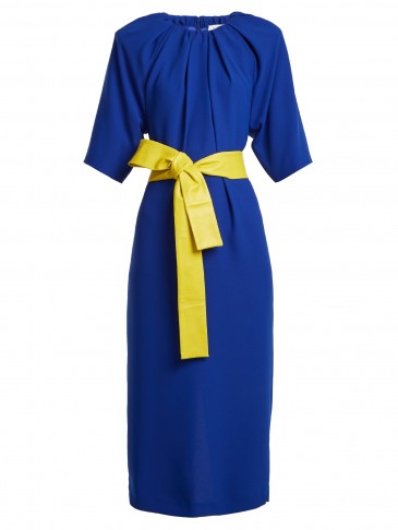 MAISON MARGIELA Ruched-neck blue crepe dress with yellow leather waist belt ~ gathered neckline dresses