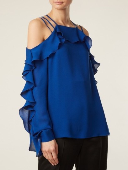 ELIE SAAB Ruffled-trimmed blue silk crepe de Chine top ~ cold shoulder ruffle tops - flipped