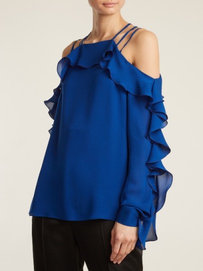 ELIE SAAB Ruffled-trimmed blue silk crepe de Chine top ~ cold shoulder ruffle tops