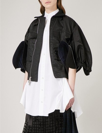 SACAI Cropped satin flared sleeve bomber jacket | black contemporary jackets - flipped