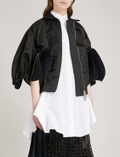 SACAI Cropped satin flared sleeve bomber jacket | black contemporary jackets