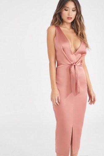 LAVISH ALICE Satin Knot Front Midi Dress | pink plunge neck dresses - flipped