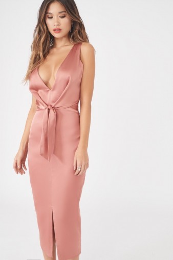 LAVISH ALICE Satin Knot Front Midi Dress | pink plunge neck dresses