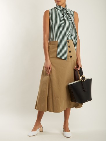 JOSEPH Side-button camel cotton-chino midi skirt ~ soft pleats