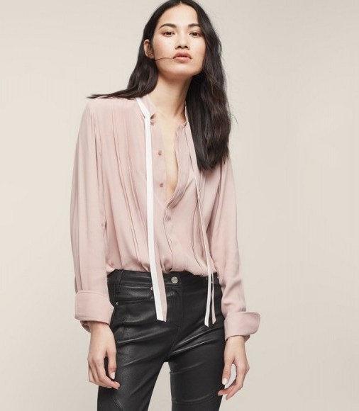 TALA BOW DETAIL SHIRT PINK LINEN / feminine style shirts/blouses - flipped