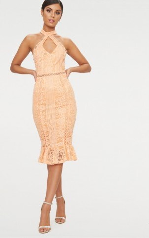 PRETTYLITTLETHING TANGERINE LACE CUT OUT FRILL DETAIL MIDI DRESS | pale orange party dresses - flipped