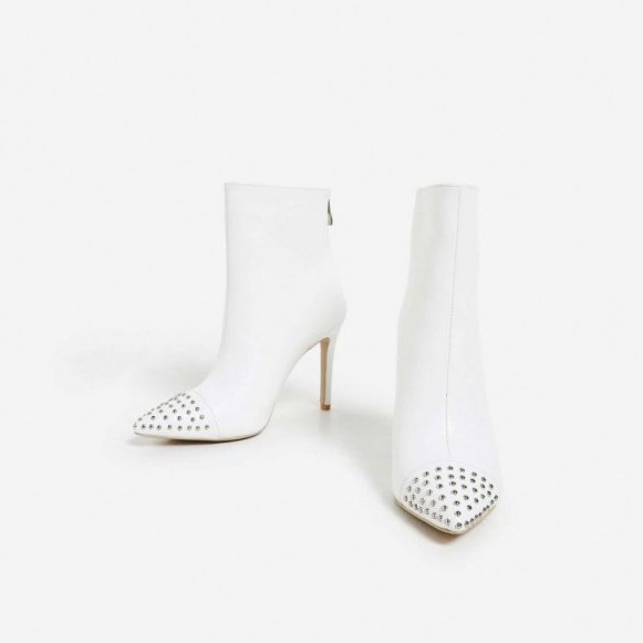 EGO Tempo Studded Toe Detail Sock Boot In White Faux Leather / ankle boots with studs - flipped