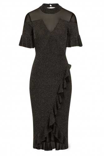 TFNC Djina Black Glitter Midi Dress | sheer panel party dresses | ruffled bodycon