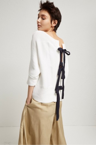 FRENCH CONNECTION TIE DETAIL MOZART SLASH NECK JUMPER | white back bow jumpers