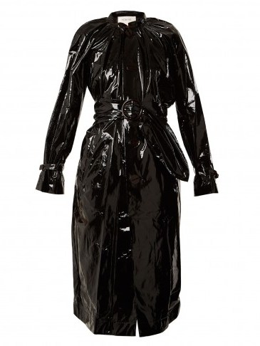 ISA ARFEN Tie-waist coated trench coat ~ stylish black high shine coats - flipped