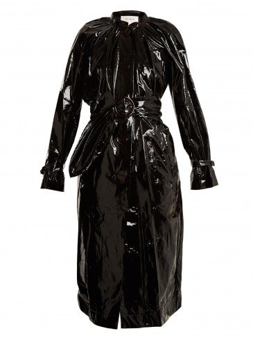 ISA ARFEN Tie-waist coated trench coat ~ stylish black high shine coats