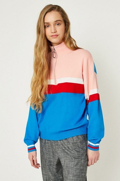 UO Colour-Blocked Zip-Up Funnel Neck Jumper | multi-coloured jumpers - flipped