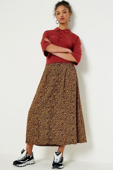 Urban Renewal Vintage Remnants Brown Floral Midi Skirt | brown printed skirts - flipped