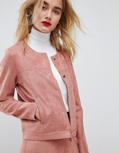 Vero Moda Co-Ord Faux Suede Blazer ~ pink collarless jackets - flipped