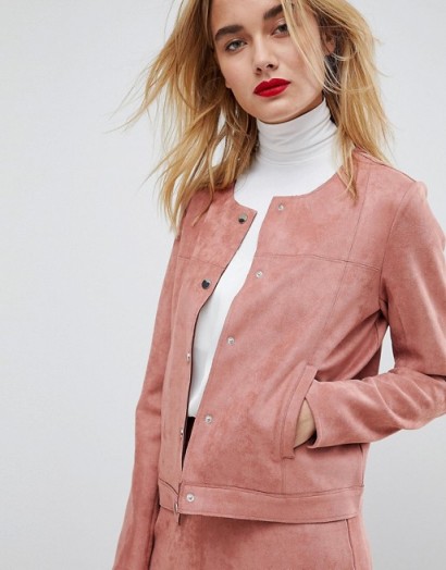 Vero Moda Co-Ord Faux Suede Blazer ~ pink collarless jackets