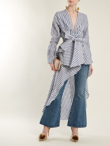 JOHANNA ORTIZ V-neck striped linen top ~ long asymmetric tops ~ chic fashion