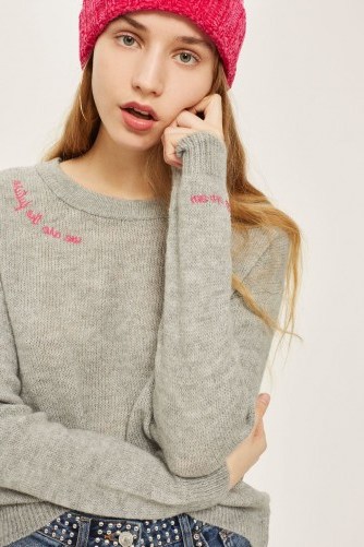 Topshop ‘We Are the Future’ Embroidered Jumper | grey slogan sweaters - flipped