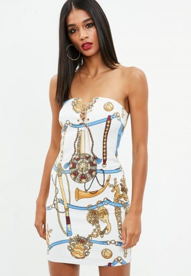 MISSGUIDED white chain print strapless denim dress – going out dresses - flipped