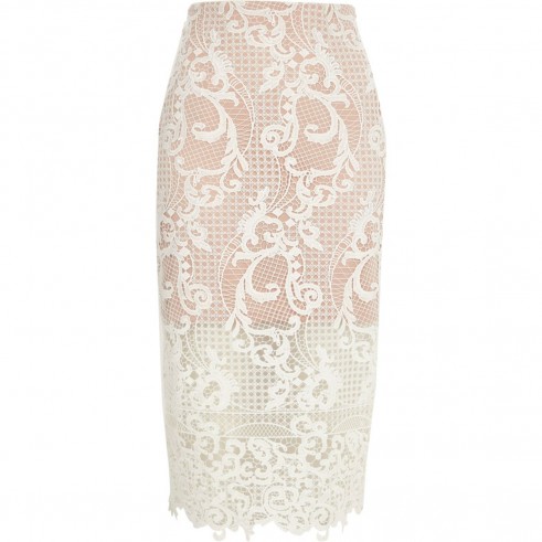 River Island White lace pencil skirt – semi sheer skirts