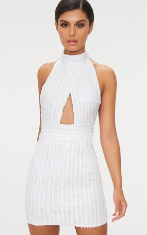 PRETTYLITTLETHING WHITE SEQUIN BACKLESS HIGH NECK CROSS OVER DETAIL BODYCON DRESS | sparkly cut out party dresses - flipped