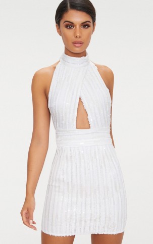 PRETTYLITTLETHING WHITE SEQUIN BACKLESS HIGH NECK CROSS OVER DETAIL BODYCON DRESS | sparkly cut out party dresses