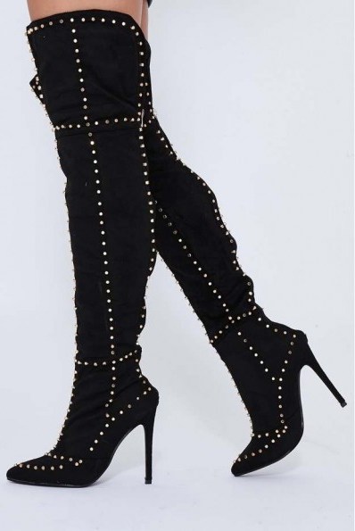 IN THE STYLE WILMER BLACK OVER THE KNEE STUDDED HIGH HEELED BOOTS - flipped