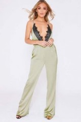 IN THE STYLE ZEN GREEN LACE TRIM PLUNGE SILKY JUMPSUIT / slinky plunging jumpsuits