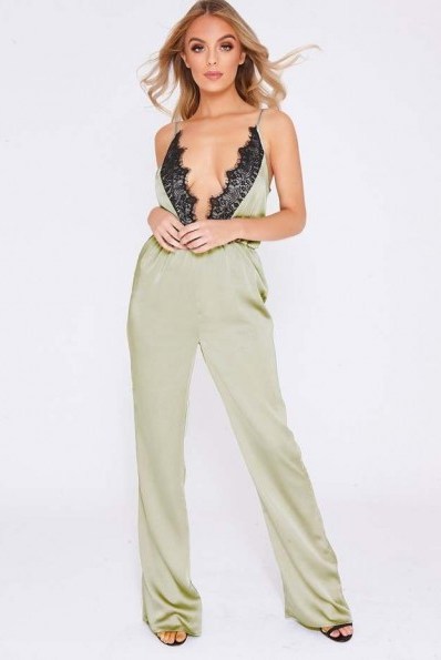 IN THE STYLE ZEN GREEN LACE TRIM PLUNGE SILKY JUMPSUIT / slinky plunging jumpsuits - flipped
