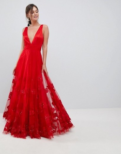 A Star Is Born Maxi Prom Dress with Embellishment and Embroidery in red | plunge front occasion dresses - flipped