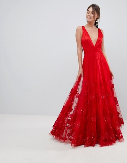 A Star Is Born Maxi Prom Dress with Embellishment and Embroidery in red | plunge front occasion dresses