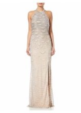 ADRIANNA PAPELL Beaded long dress. SILVER/NUDE GOWNS