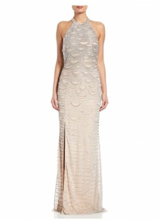 ADRIANNA PAPELL Beaded long dress. SILVER/NUDE GOWNS - flipped