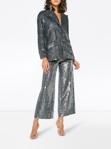 ASHISH sequin embellished stripe flared cropped trousers ~ metallic crop leg pants