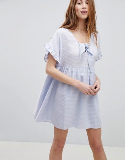 ASOS Casual Mini Smock Dress in Grid Texture with Bunny Tie | pale-blue dresses for spring - flipped