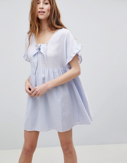 ASOS Casual Mini Smock Dress in Grid Texture with Bunny Tie | pale-blue dresses for spring