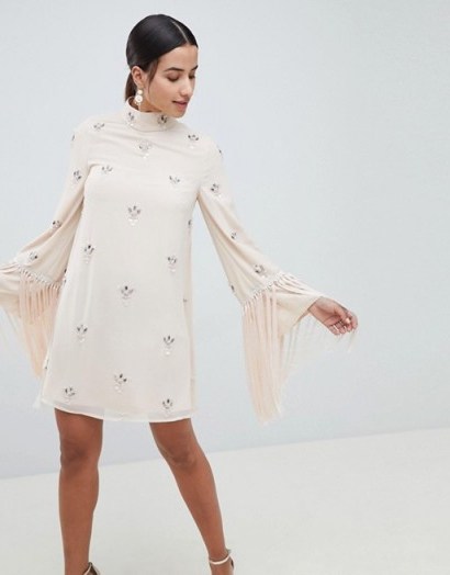 ASOS DESIGN Embellished Shift Mini Dress With Fringed Sleeves – nude vintage style evening dresses - flipped